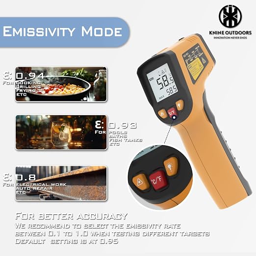 KNINE OUTDOORS Infrared Thermometer Gun, -58℉ to 1112℉ | Temp Gun, Laser Temperature Gun, for Cooking, Oven, BBQ, Griddle, Meat, HVAC Engine, Distance to Spot Ratio 12:1, Orange