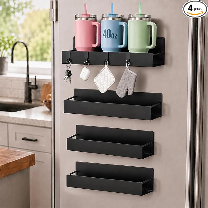 4 Pack Magnetic Cup Holder Heavy Duty, 12 Cup Capacity Water Bottle Organizer fit for Stanley Cup, Tumbler Storage Rack for Kitchen, Side of Fridge, Garage, Laundry Room, Cabinet, Pantry, RV - Black