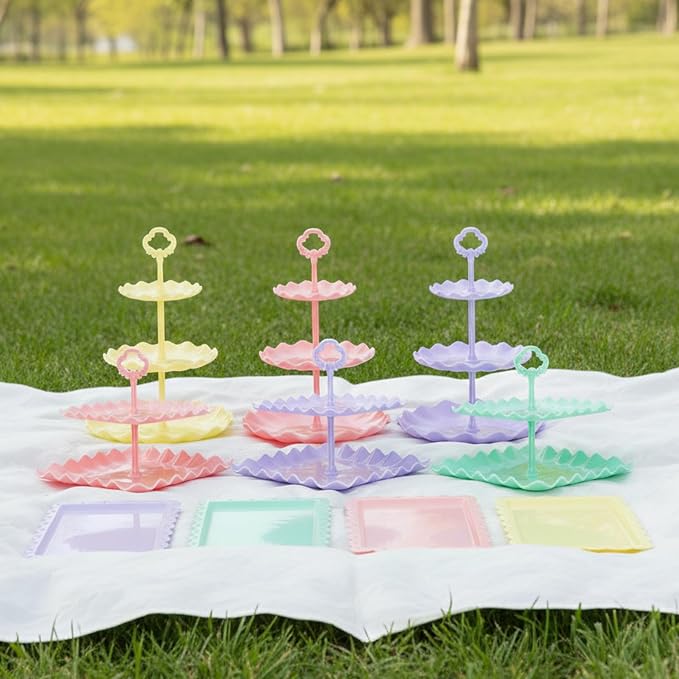 Pack of 11 NWK Cupcake Stand Set with Table Cloth (Colorful) | Includes 3 x 2-Tier & 3 x 3-Tier Cupcake Stands, 4 Appetizer Trays, Plus 1 Tablecloth. Ideal for Parties, Colorful Design