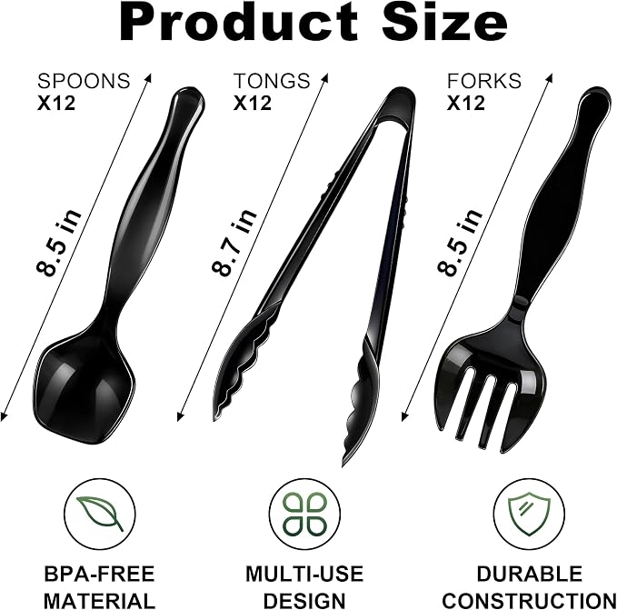 36Pcs Disposable Plastic Serving Utensils Set, 12 Black Spoons, 12 Forks, 12 Tongs, 9-Inch for Party Buffet Catering Events, Heavy Duty and Ergonomic Design