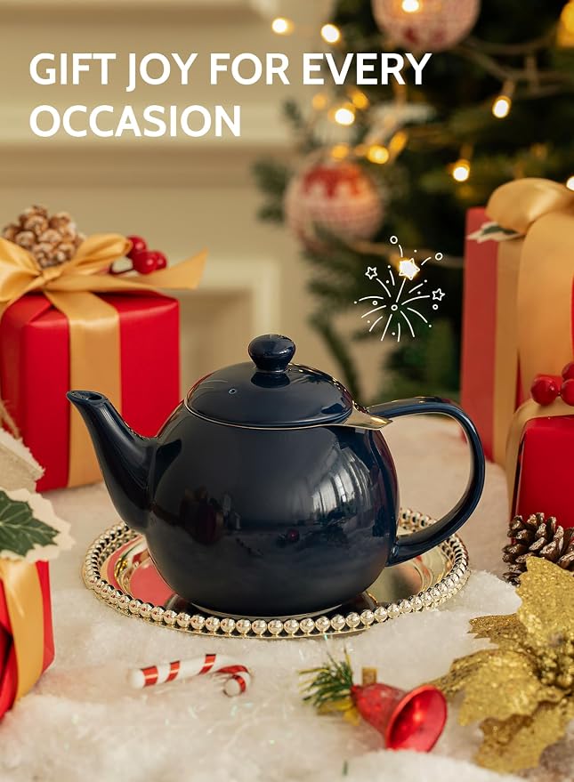 Sweese Teapot, Porcelain Tea Pot with Stainless Steel Infuser, Blooming & Loose Leaf Teapot - 27ounce, Navy