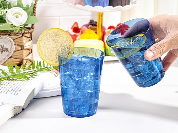 DaYammi 100 Pack Clear Blue Plastic Cups 10 Oz - Heavy Duty Blue Disposable Cups,blue Party cups Disposable Tumblers for Wedding,Birthday,Cocktails & Celebrations Reusable Drinking Glasses