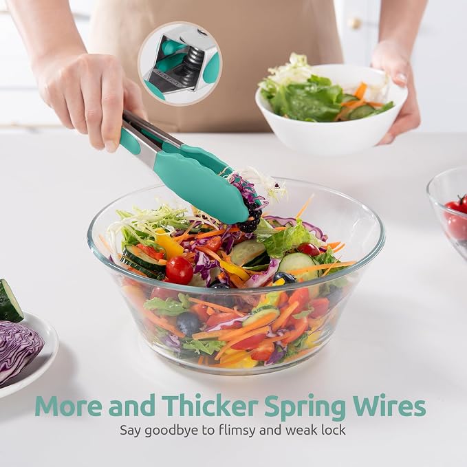 U-Taste Kitchen Tong for Cooking, 600ºF Heat-Resistant Tps, 7in/Aqua Sky | Small Mini Silicon Tongs for Serving Food, Short Salad Thong with Non Stick Rubber Tips & 18/8 Stainless Steel Handle
