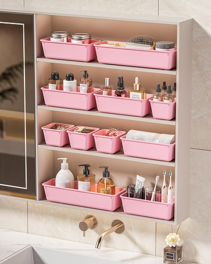 KEMETHY 25 PCS Plastic Drawer Organizers Set, 4 Sizes Vanity Organizer | Makeup and Desk Drawer Organizer Trays, Organization and Storage for Makeup, Bathroom, Kitchen Utensils and Office (Pink)