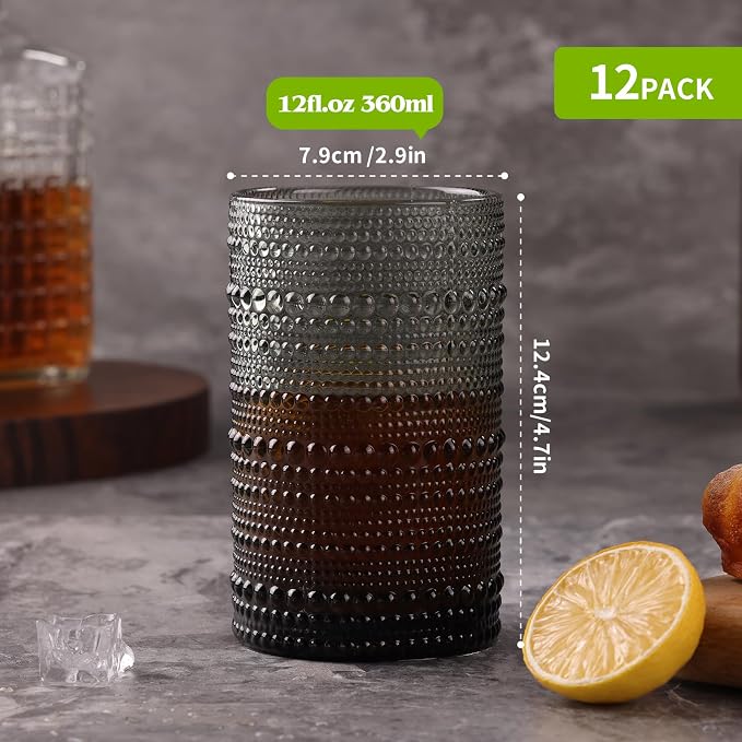 Moretoes 12 Pack 12 Oz Gray Hobnail Drinking Glasses Set,Water Glass Cups | Highball Glasses Embossed Boho Kitchen Bar Tumbler Glassware Set for Whiskey, Beer, Juice, Milk and Various Mixed Drinks