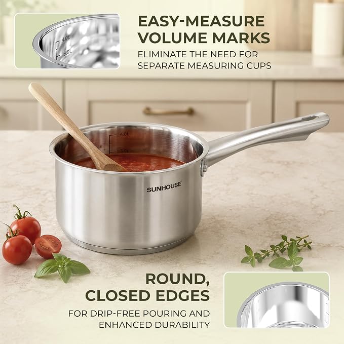 SUNHOUSE 4 QT Stainless Steel Sauce Pan with Lid, Small Pot for Cooking | PFOA-Free Uncoated Milk Pan & Butter Warmer, Saucepan with Impact Bonding Base for Induction, Gas, Electric