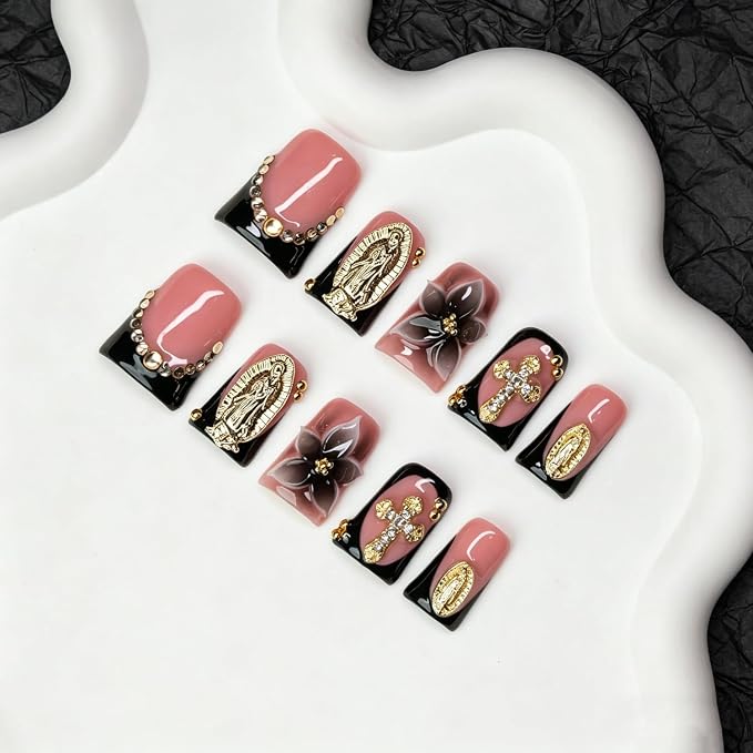 10 Pcs Flower Press on Nails Handmade False Nails Short Duck Gothic Style with 3D Golden Rhinestone Designs Black French Tip Stick on Nails Sparkling Diamond Decor Thick Acrylic Nail for Women (S)