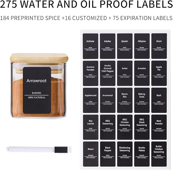 12Pcs 4oz Small Spice Empty Jars with 275 Labels | Kitchen Storage Seasoning Glass Containers with Bamboo Lids