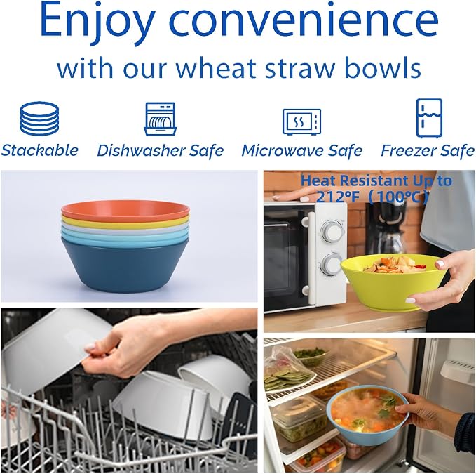 Unbreakable Large Cereal Bowls Set of 6, 32 Ounce BPA-Free Microwave & Dishwasher Safe Salad Bowls, Stackable Multicolor Kitchen Bowls for Serving, Soup, Oatmeal, Pasta, Camping & Daily Use