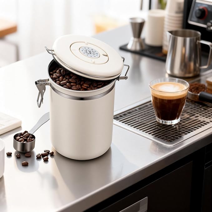 Kirecoo 22OZ Airtight Stainless Steel Coffee Canister with Date Tracker | With Measuring Scoop, Food Grade Safe, For Coffee Beans & Grounds, Multi-Use for Cereal Sugar Tea Flour, Ideal Kitchen Gift