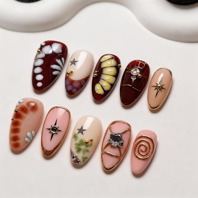 10Pcs Medium Almond Handmade Press on Nails Rhinestone & Golden Steel Ball Deisgns Salon Quality False Nails Y2K Fake Nails with 3D Star, Gold Embossed Accents Summer French Tip Stick on Nail (M)