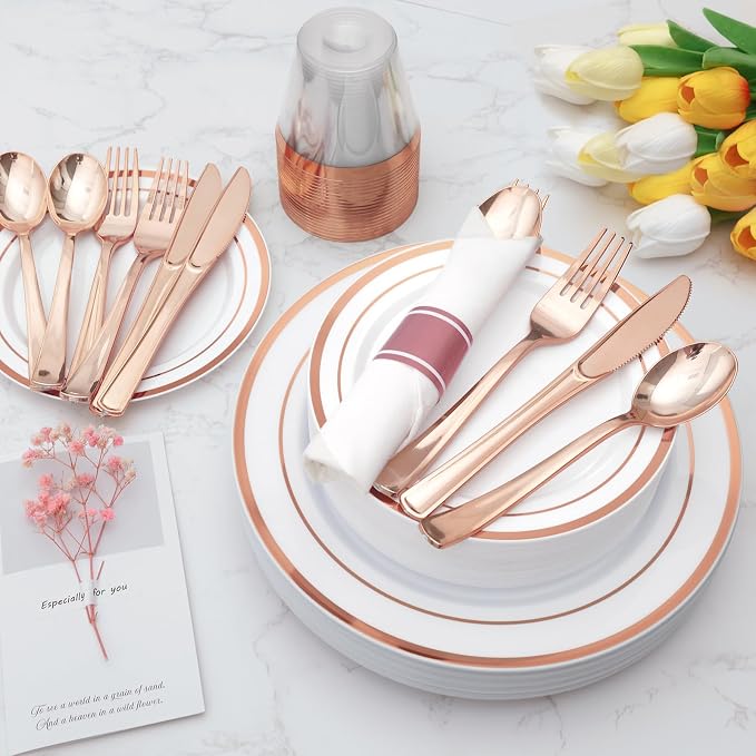 350 Piece Rose Gold Plastic Dinnerware Set for 50 Guests | Disposable Dinnerware Includes: 50 Dinner Plates, 50 Dessert Plates, 50 Pre Rolled Napkins with Silverware, 50 Cups