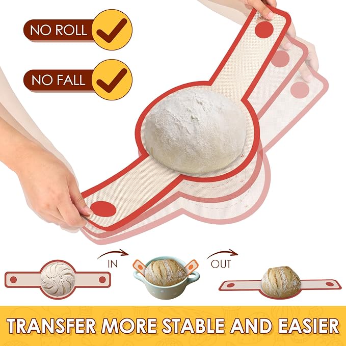 HOTEC 2 Pcs Silicone Bread Sling for Dutch Oven, 0.7MM Thickened Heat Resistant to 500°F Non-Stick Baking Mat with Long Handle Easy to Transfer Sourdough Bread, Dutch Oven Liners Baking Supplies