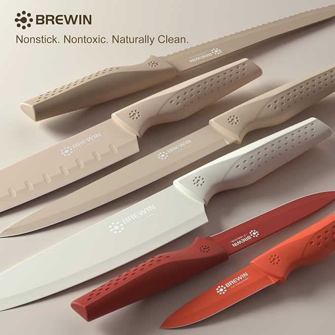Brewin Knife set, 13 Pieces Kitchen Knives Set with Sharpener, Anti-Rust Coating and Blade Guard, Home Essentials, Camping Essentials - Muliticolor