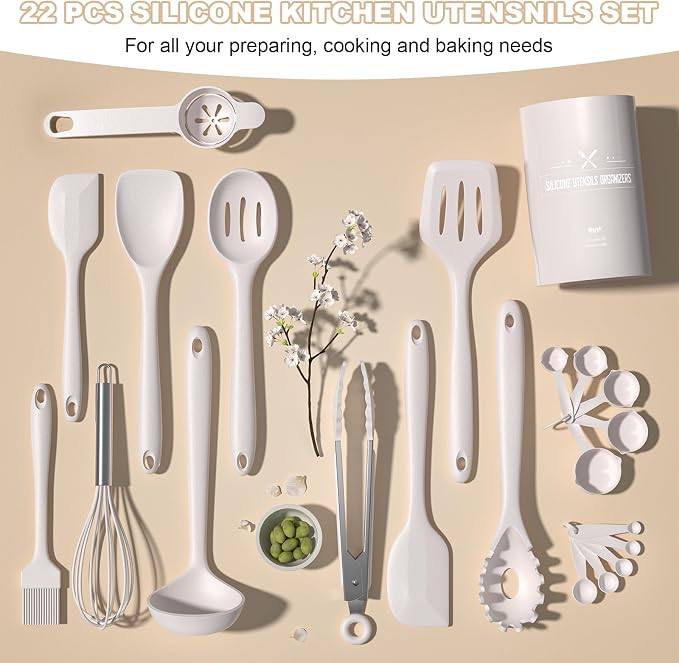 Kitchen Utensils Set, Umite Chef 22Pcs Silicone Cooking Utensils Set, Heat Resistant Silicone Kitchen Spatulas Set with Holder, White Cooking Gadgets Tools Set for Nonstick Cookware, Dishwasher Safe