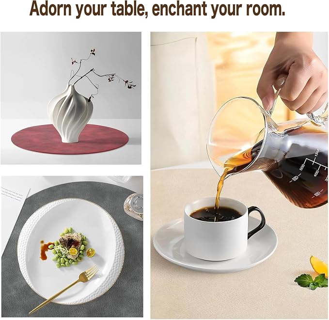 UnivoColors Placemats Round Faux Leather Placemats Set of 6-Waterproof-Wipe Clean-Heat Resistant-Anti Slip Dining Table Place Mats,15".(Dark Gray+Blue Grey+Grey+Camel+Beige+Green)