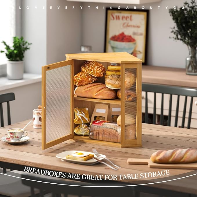 STDDRE Corner Bread Box Kitchen Countertop Extra Large Capacity Farmhouse Bread Box, Corner Countertop Storage, Double Layer Bread Holder (Natural, Extra Large)