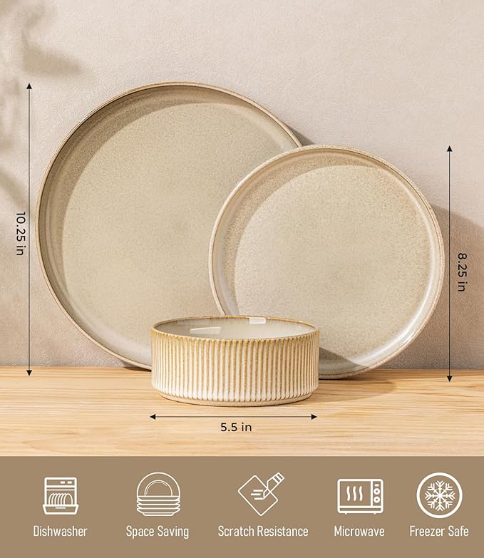 GBHOME Stoneware Dinnerware Sets for 4, 12 Pieces Plates and Bowls Set | Lightweight Ceramic Ribbed Dishes,Reactive Glaze Stackable Plate Set,Scratch Resistant,Microwave & Dishwasher Safe,Cappuccino