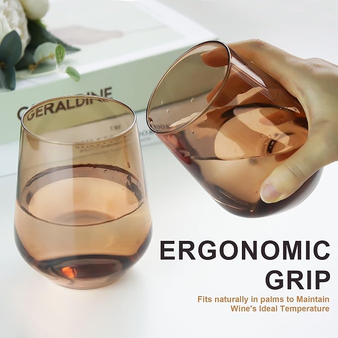 Brown Stemless Wine Glasses Set of 6, 15oz Drinking Glassware Dishwasher Safe, Wine Glass Tumblers for Red or White, Gift for Party, Holiday, Anniversary, Restaurant, Home Bar, Daily Use