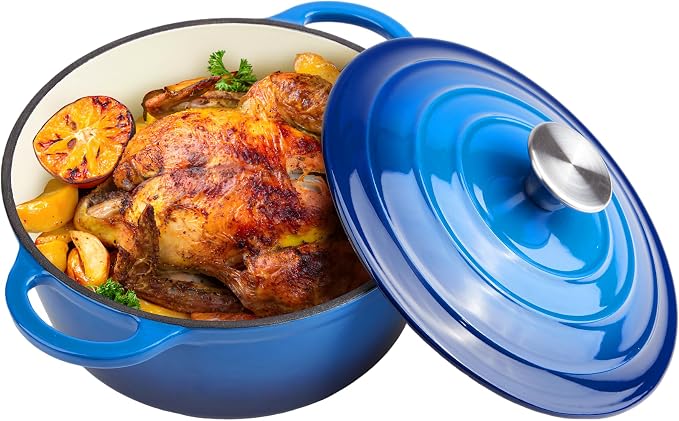 6 Quart Dutch Oven Enameled Cast Iron with Lid - Big Dual Handles - Oven Safe up to 500°F - Classic Round Pot for Versatile Cooking (Blue, 6 QT)