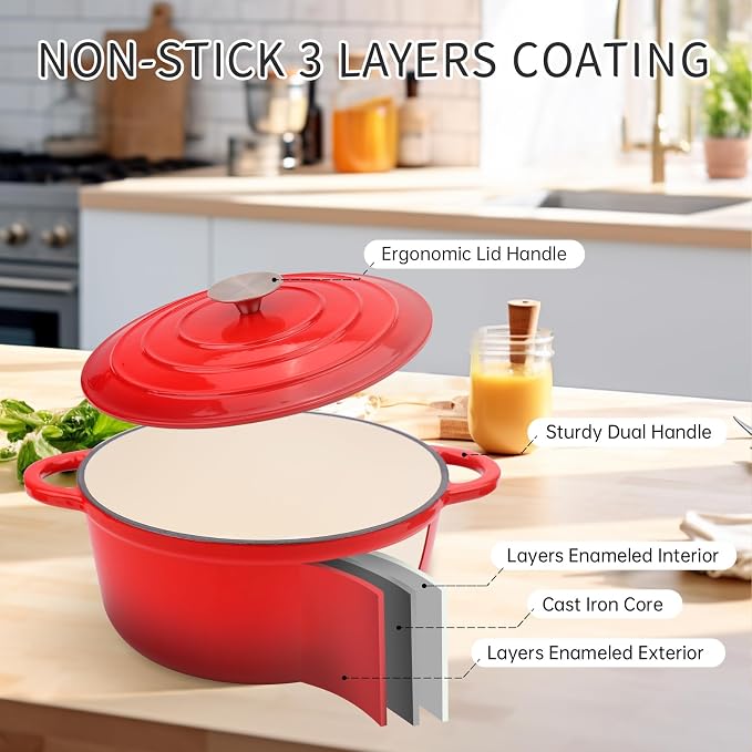 6 Quart Enameled Cast Iron Dutch Oven Pot with Lid Red | Silicone Accessories, Oven Safe up to 500°F, Non-stick Dutch Oven for Bread Baking, Cooking, Dual Handles Cookware