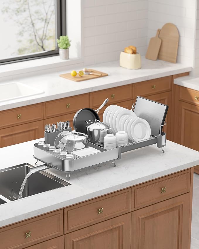 Kitsure Expandable Metal Dish Drying Rack, 16.1-26.6" L x 12.6" W, Grey | Dish Racks for Kitchen Counter, Auto-Drain Drying Rack for Kitchen, Cutlery Holder, Non-Slip Feet, Anti-fall Fence