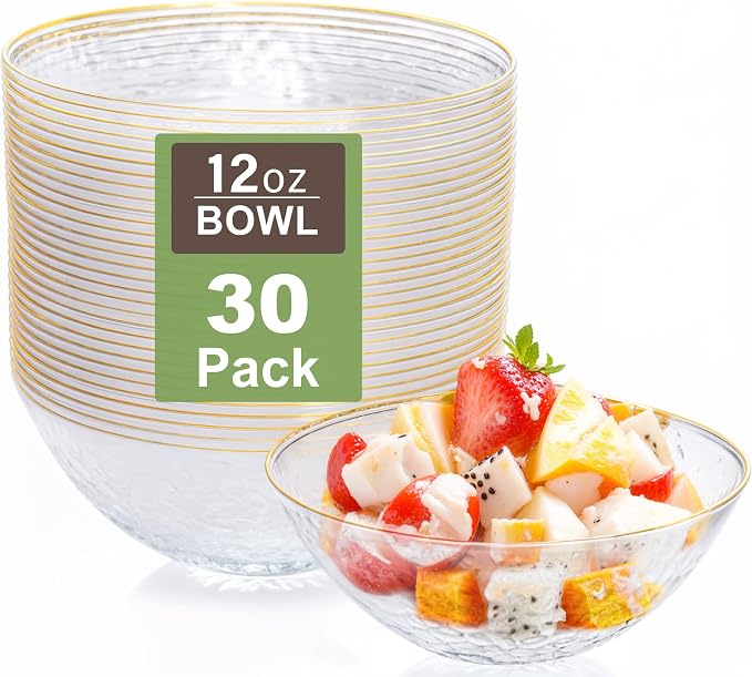 30 Pack 12 Ounce Clear Plastic Bowls Serving Bowls Hammered with Gold Rimmed, Heavy Duty Disposable Bowl Set,Small Bowl for Wedding & Party