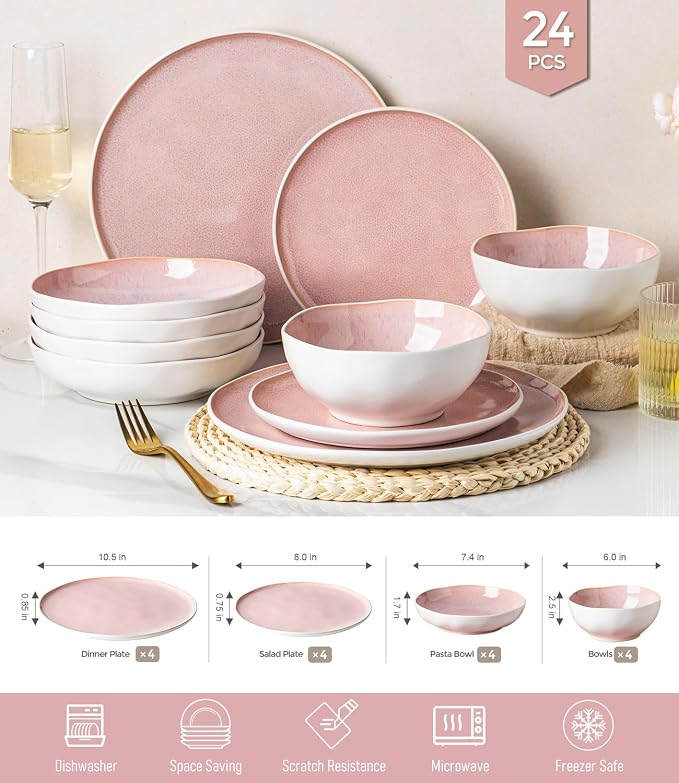 GBHOME Stoneware Dinnerware Sets for 8,24 Piece Rustic Plates and Bowls Set | Earthenware Handmade Reactive Glaze Plate Sets, Chip Resistant Ceramic Dishes, Microwave & Dishwasher Safe, Pink