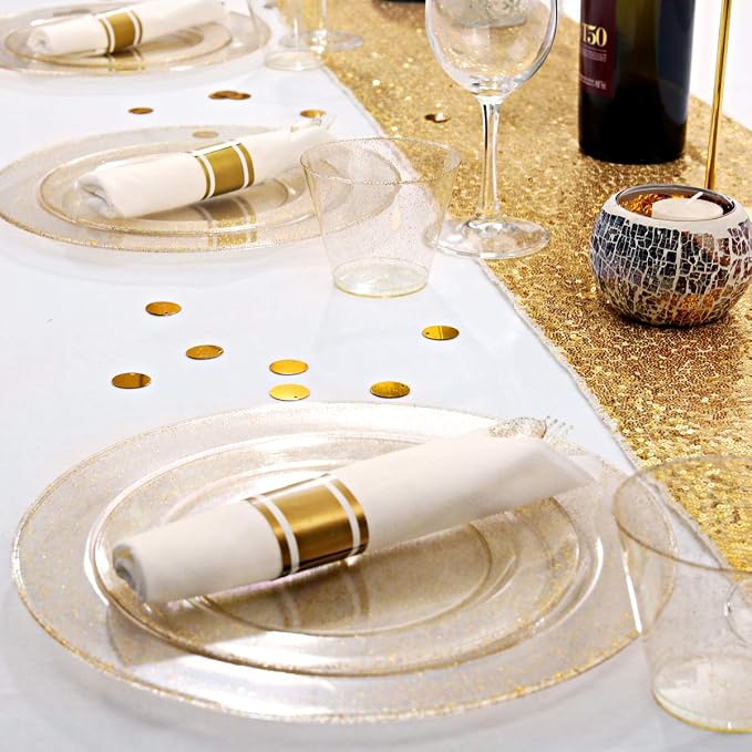 DaYammi 350Pcs Gold Glitter Dinnerware Set 50 Guest for Party Gold Plates Disposable - 50 Dinner Plate,50 Dessert Plate,50 Per Rolled Napkins with Gold Cutlery,50 Plastic Cups 9 OZ for Party Wedding