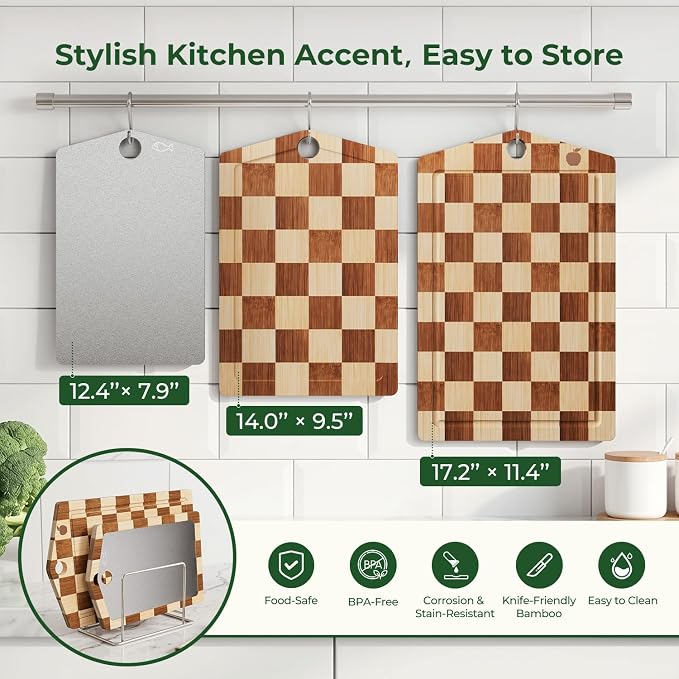 Pure Titanium Cutting Board, Bamboo Cutting Boards Set for Kitchen | 3PCS Chopping Boards for Kitchen, Large Metal Wood Cutting Board, Non Slip, Juice Grooves, Knife-Friendly, Dishwasher Safe