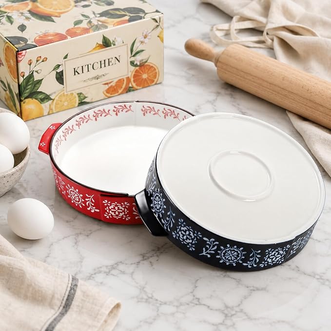Covzoe 2 Pack Ceramic Pie Pan with Handle, 9 Inch Non-Stick Pie Plate | 44 Oz Deep Fluted Pie Dish for Baking, Pies, Quiche, Thanksgiving, Housewarming Gift, Microwave Dishwasher Safe