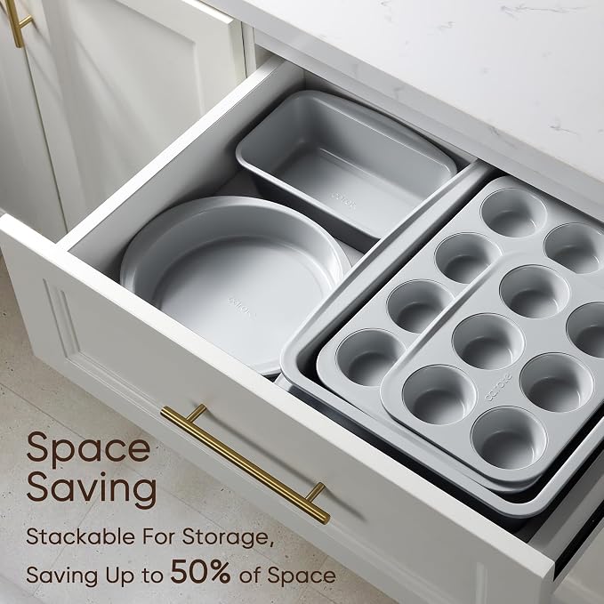 CAROTE 7-Piece Baking Pans Set, Nonstick Bakeware Sets, Gray & Blue | Cookie Sheets, Muffin, Bread, Cake, Loaf, Roasting Pan, Easy-Release, Oven Safe Up to 446°F, PFAS-Free, Stackable, Home, Gift