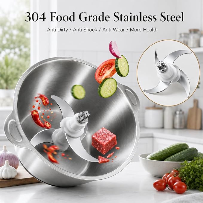 HOMEASY Electric Food Chopper, 2L Stainless Steel Meat Grinder, 4 Blades | Electric food chopper with 2L stainless steel bowl and 4 blades for meat, veggies, fruit and nuts