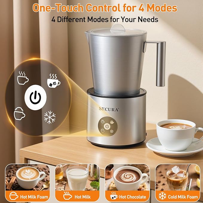 Secura 4-in-1 Electric Milk Frother, 17oz Stainless Steel Jug, Teflon-Free | Milk Steamer, Hot Chocolate Maker, Dishwasher Safe, One Touch Control, Overheat Protection, Includes Spatula & 2 Whisks