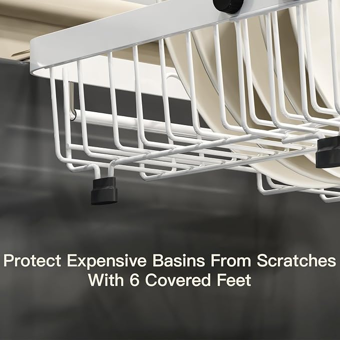 White Dish Drying Rack Over The Sink with Utensil Holder | Expandable Stainless Steel Dish Drainer for Small Kitchen, Apartment, RV, Counter Space Saving, Perfect Fit, Rustproof