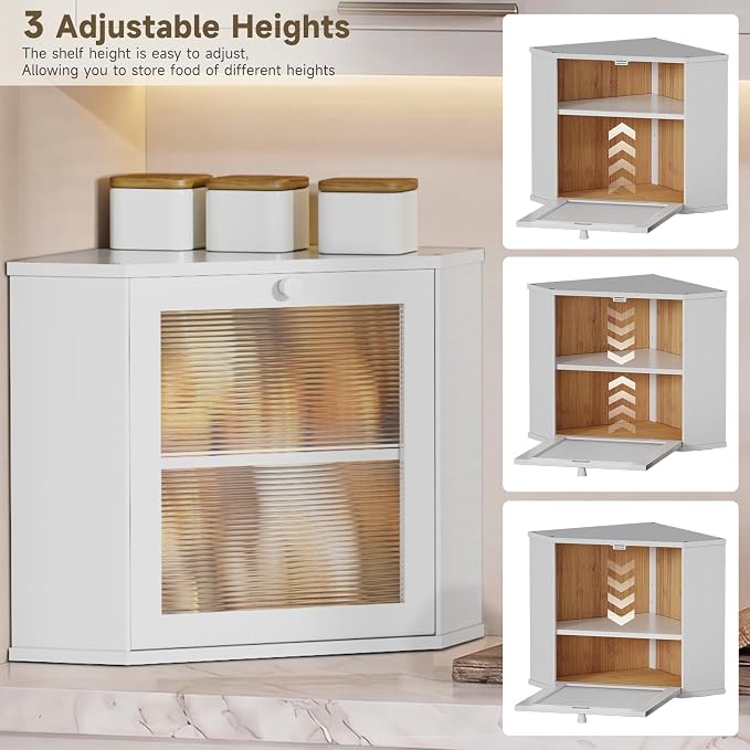 Bread Box for Kitchen Corner Countertop,Large Bread Basket (White, Large) | Double Layer Bamboo Bread Storage Container for Kitchen Countertop,Height Adjustable