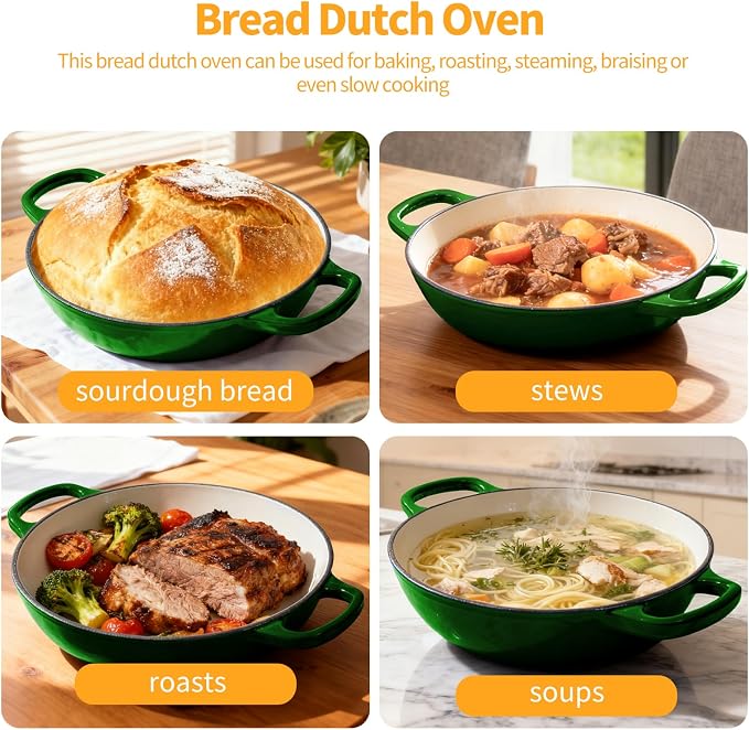 6QT Enameled Cast Iron Green Dutch Oven For Sourdough Bread Baking | Dutch Oven Pot With Lid,Non-stick Sourdough Baking Pan with Bread Dome,Round Ceramic Dutch Oven Pot for Homemade