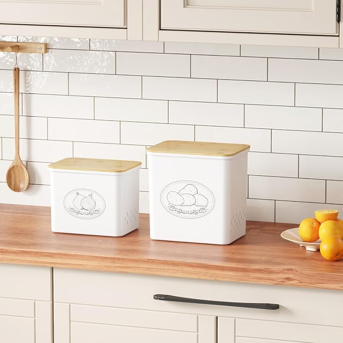 Lifewit Plastic Potato and Onion Storage Bin Box, Set of 2, White | Stackable Garlic Keeper, Vegetable Container Box, Aerating Holes & Lid for Pantry Countertop