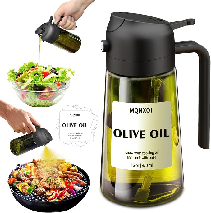 Olive Oil Sprayer for Cooking, 16oz Glass 2 in 1 Oil Dispenser Bottle | Light Blocking, BPA-Free Food Grade, Fine Mist Precise Control, Air Fryer BBQ Salad, Leakproof Anti-Clog, Pre-Printed Labels