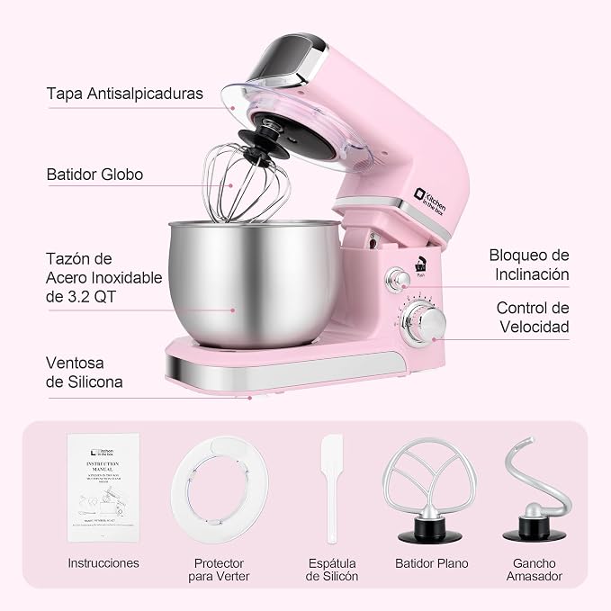 Kitchen in the box Stand Mixer,3.2Qt Small Electric Food Mixer,6 Speeds Portable Lightweight Kitchen Mixer for Daily Use with Egg Whisk,Dough Hook,Flat Beater (Pink)