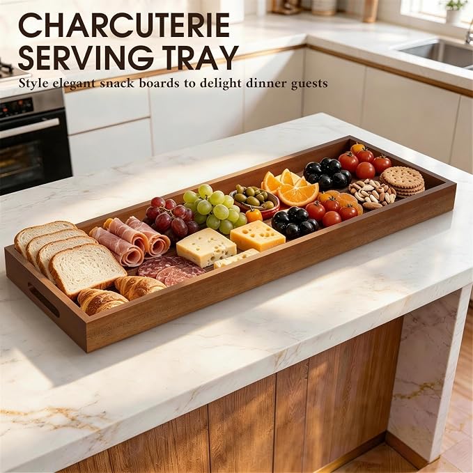 Extra Large Ottoman Tray, 36 x 12 Inches Black Walnut Wooden Tray | Wood Serving Tray with Handles, Rectangular Deccorative Tray, Charcuterie Platter for Meat, Cheese Board, Extra Long 3ft