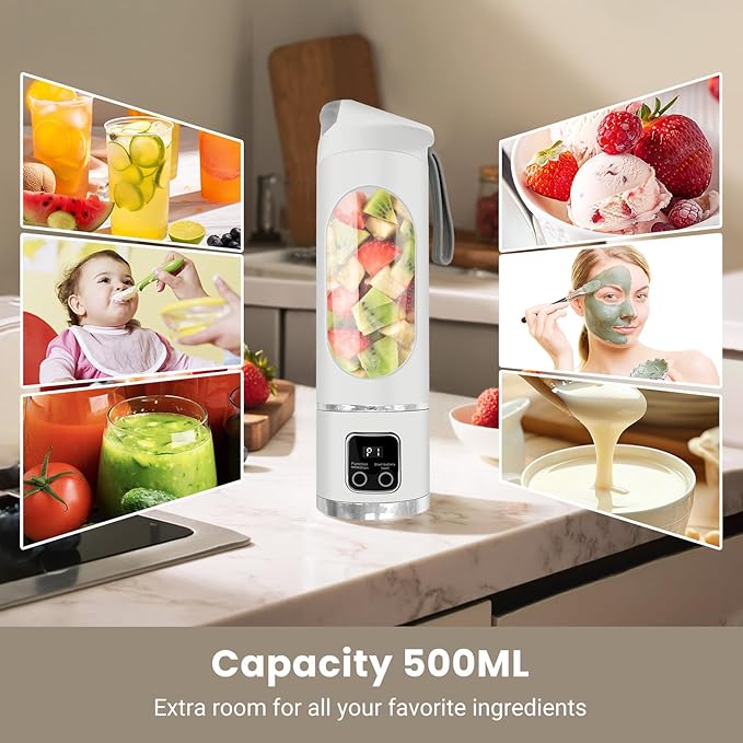 Portable Blender for Smoothies, 500ML USB-C Rechargeable | Personal Blender Cup with 12-Blade Mixer, Mini Smoothie Maker for Protein Shakes, Gym, Office, Travel and Home