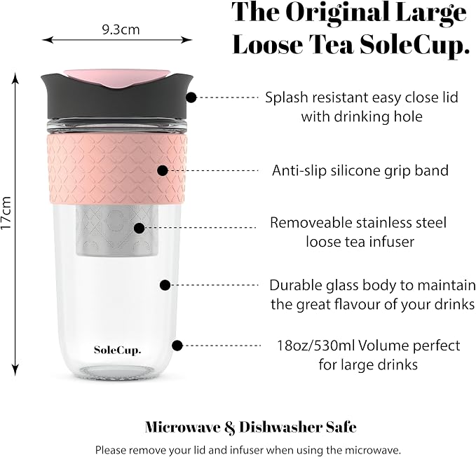 Large Travel Mug Loose Tea Infuser - Detachable Tea Strainer with Spill Proof Lid - 18oz/530ml BPA-Free Reusable Glass Travel Coffee Cup with Silicone Band (Gray and Pink, 18oz)