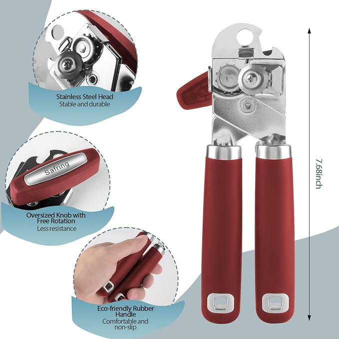 Safring Can Opener Manual, Heavy Duty Handheld Strong Can Opener with Soft Touch Handle, Sharp Blade Smooth Edge, Can Openers with Multifunctional Bottle Opener, Red