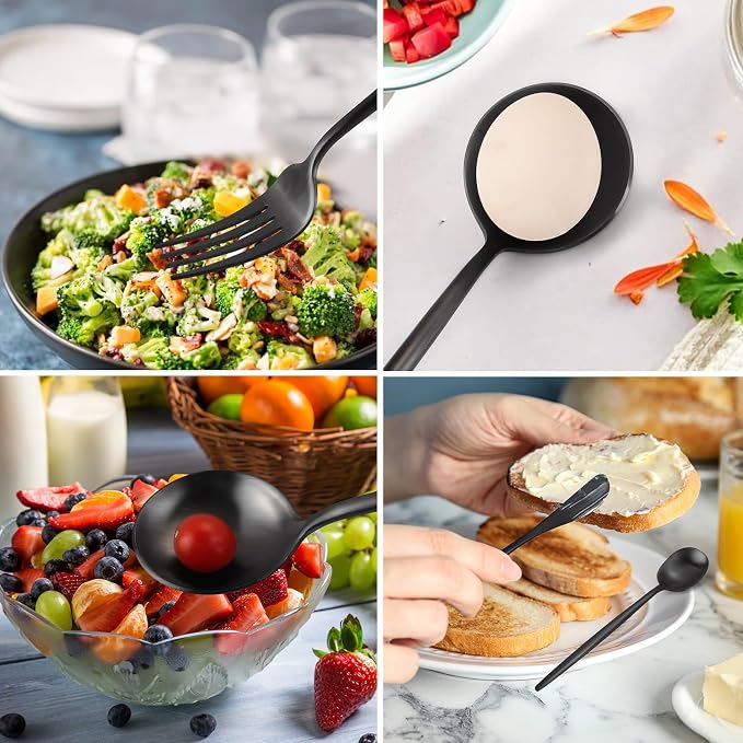 Black Serving Utensils Set, 5pc Stainless Steel Serving Spoons | 10.8in,matte black,serving spoons set for parties,buffet serving utensils,black flatware for elegant serving,dishwasher safe