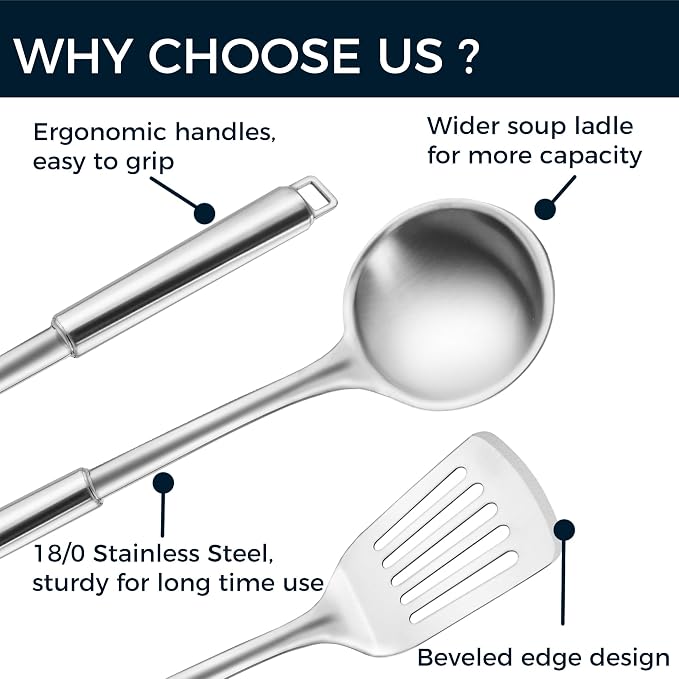 18/0 Stainless Steel Kitchen Cooking Utensil Set, Ergonomic Handle, Dishwasher Safe, Slotted Spoon, Ladle, Turner, Serving Spoon for Housewarming Daily Use Commercial, Pack of 4