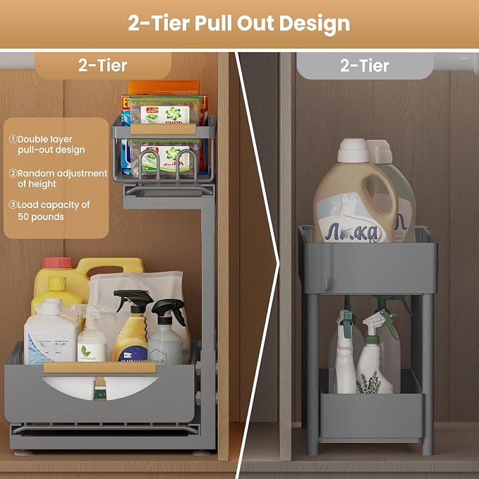 Under Sink Organizer and Storage for Bathroom and Kitchen - 2 Pack 2 Tier | Cabinet Pull Out Shelf Organizers - Slide Out Drawer Organization for Home Cabinets Shelves and Drawers