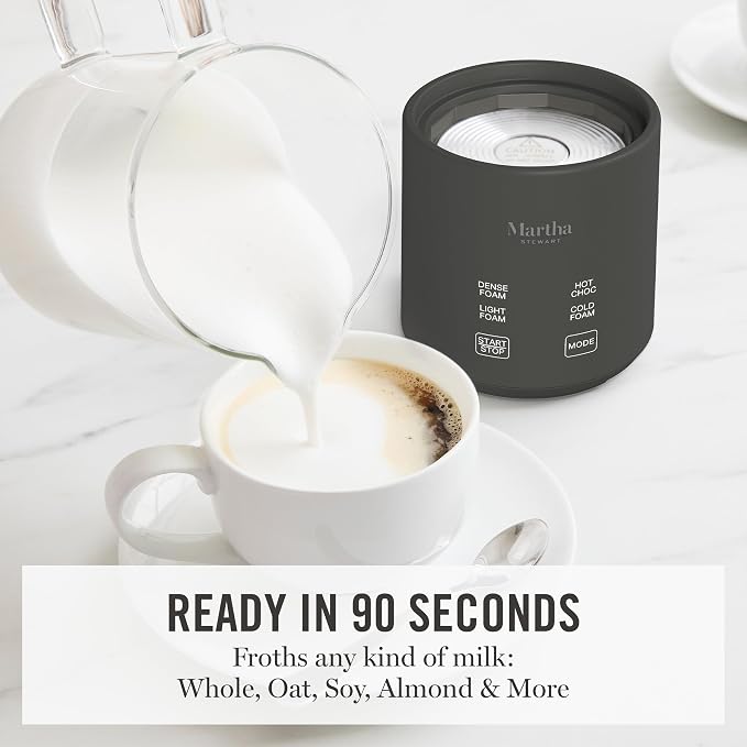 Martha Stewart 10oz Milk Frother & Steamer, 4 Presets, 300ml Glass Pitcher | Light, Dense, Cold Foam & Hot Chocolate, Ready in 90 Seconds, Cordless Pouring, Runs Quiet, Almond, Soy & Oat Milk, Caviar