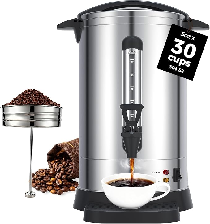 OSTBA 30-Cup Commercial Coffee Urn, 5.2L 304 Stainless Steel Percolator | 950W Fast-Brewing Coffee Maker and Hot Water Dispenser with Double-Wall Insulation for Home, Office, Catering and Events