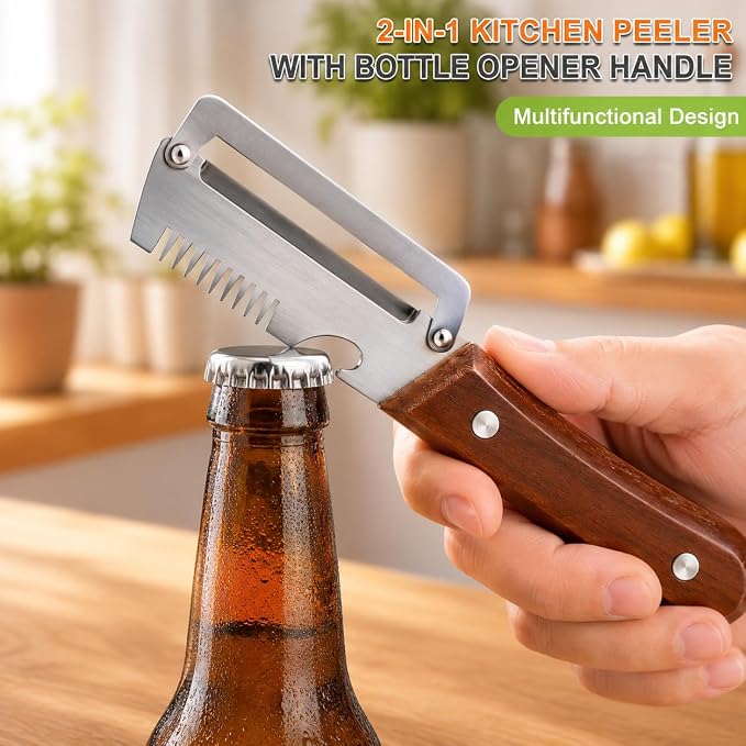1PCS Multifunctional Vegetable Peeler with Wooden Handle & Bottle Opener | Premium Single Blade Food Peeler & Scallion Shredder Tool for Potato, Carrot, Pumpkin, Papaya, Kitchen Utensils (1 Pack)
